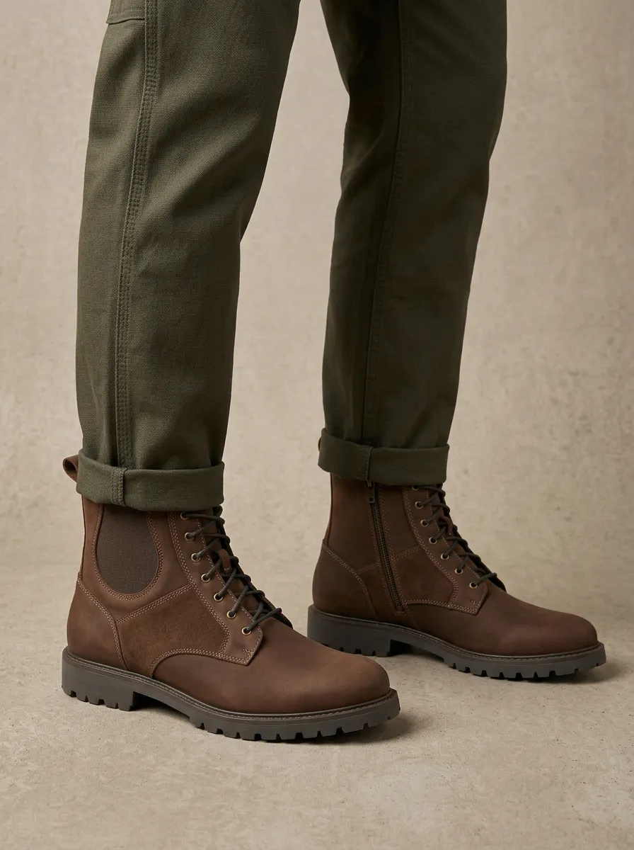 Unisex Suede Leather Lace-Up Side-Zip Work Boots