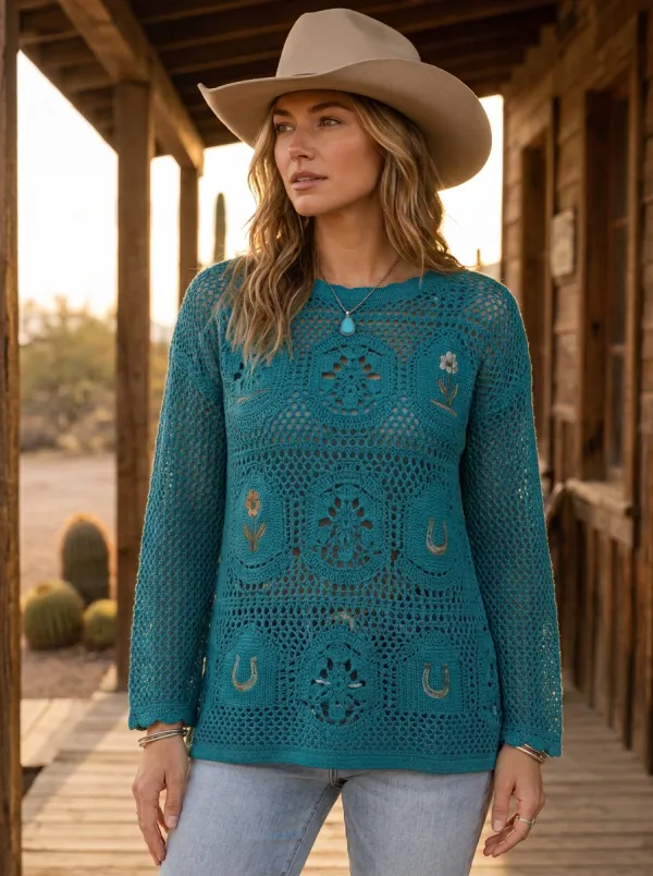 Women's Western Cowboy Horseshoe Flower Printed Crochet Top