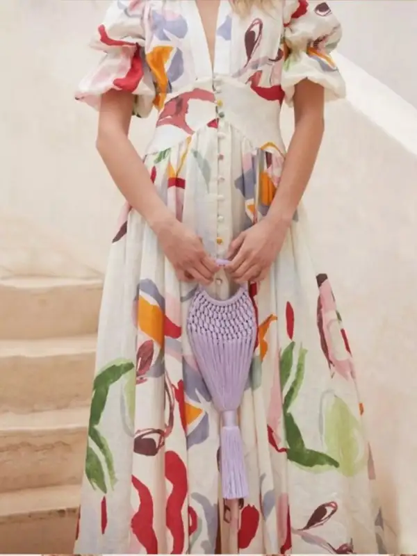 Full Size Abstract Puff Sleeve Midi Dress Plus Size