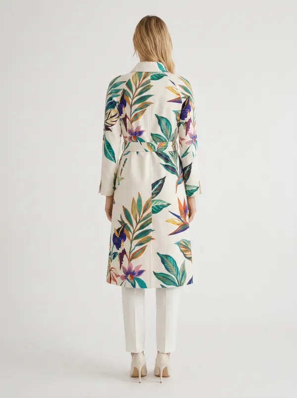 Women's Tropical Botanical Floral Printed Trench Coat