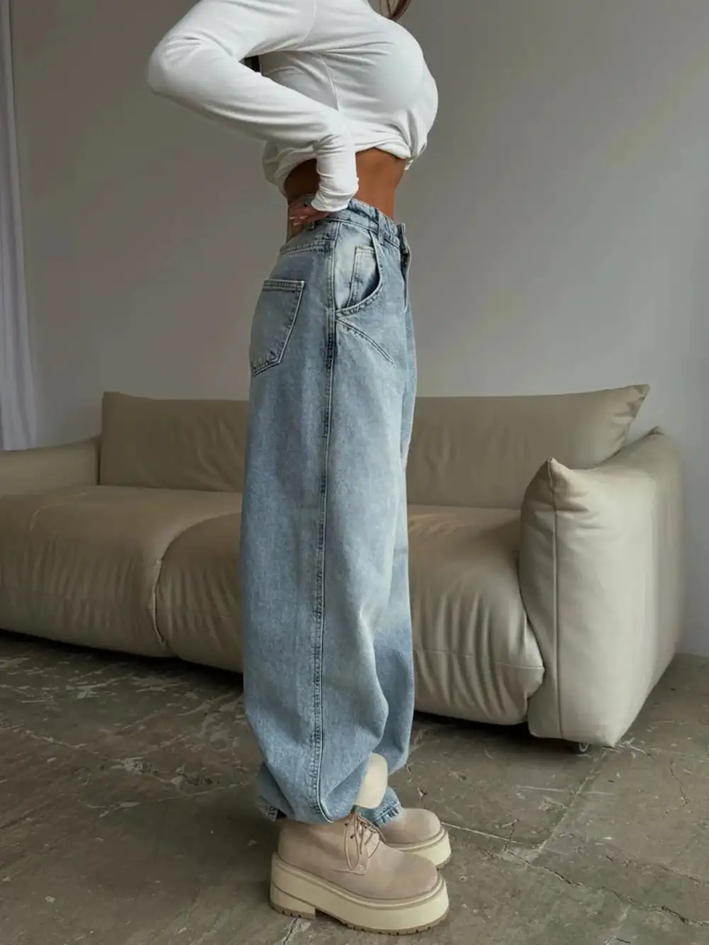 Ribbed Draped Denim Jeans