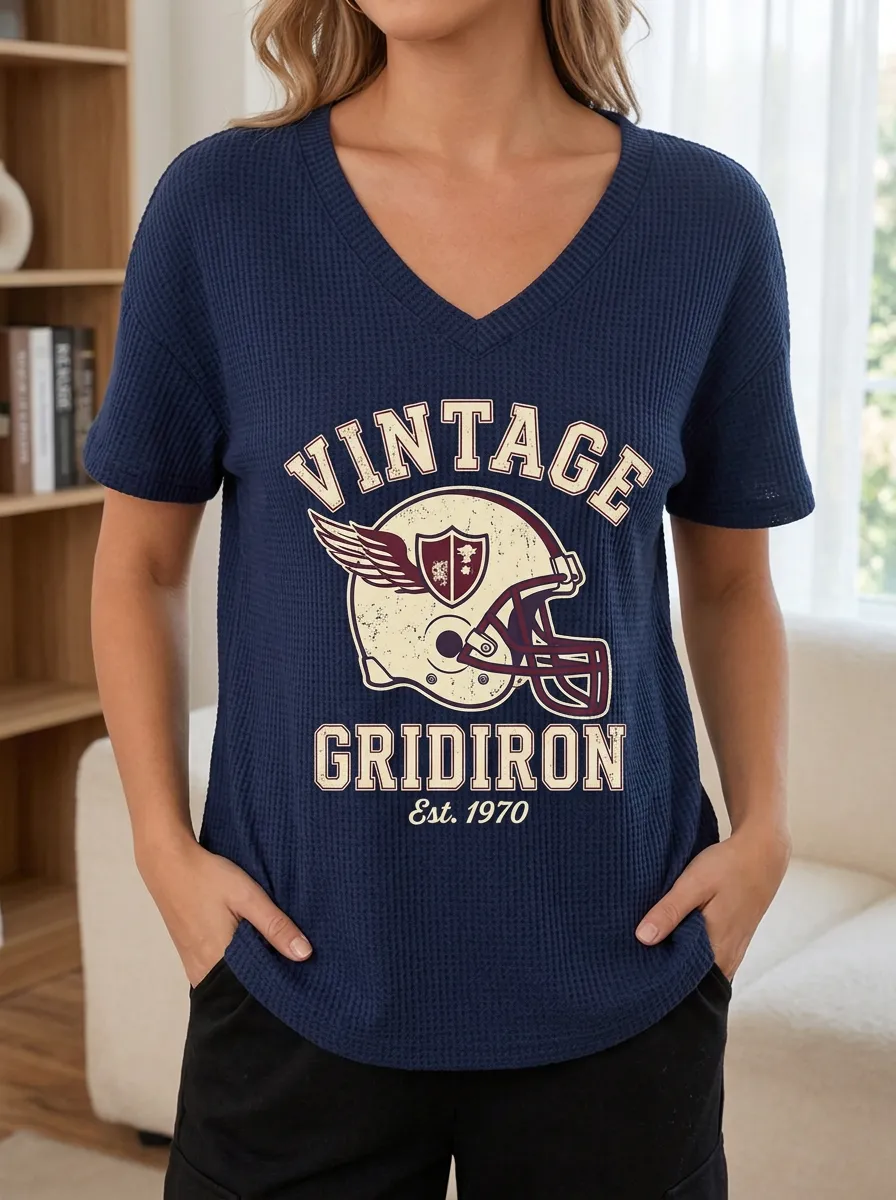 Women's Vintage Gridiron Football Helmet Printed Waffle Top
