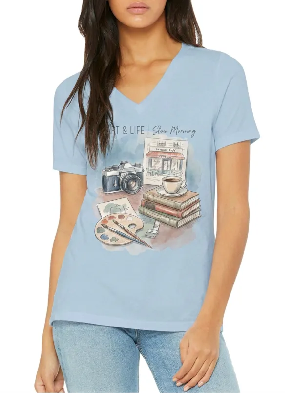 Women's Art Life Coffee Camera Books Watercolor Printed V-neck T-shirt