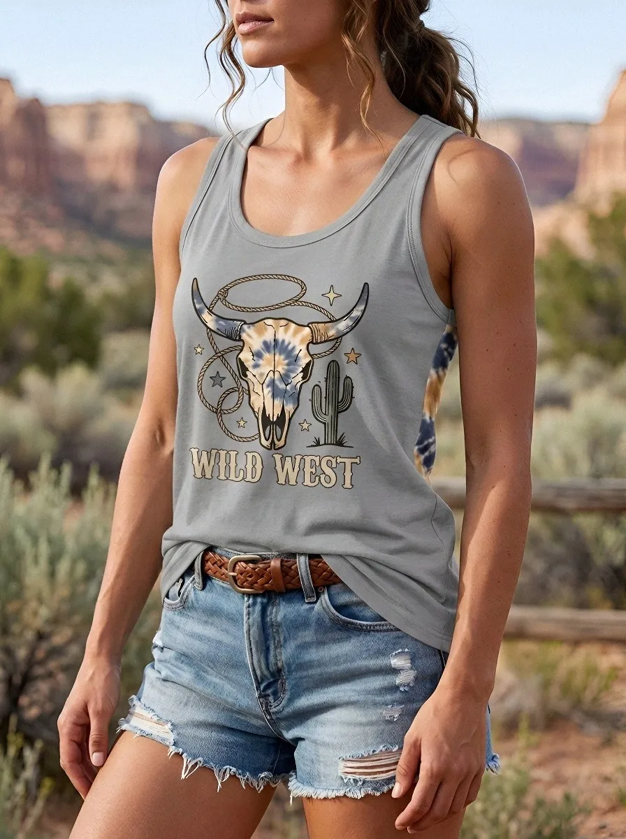Women's Wild West Cow Skull Cactus Tie-Dye Printed Tank Top
