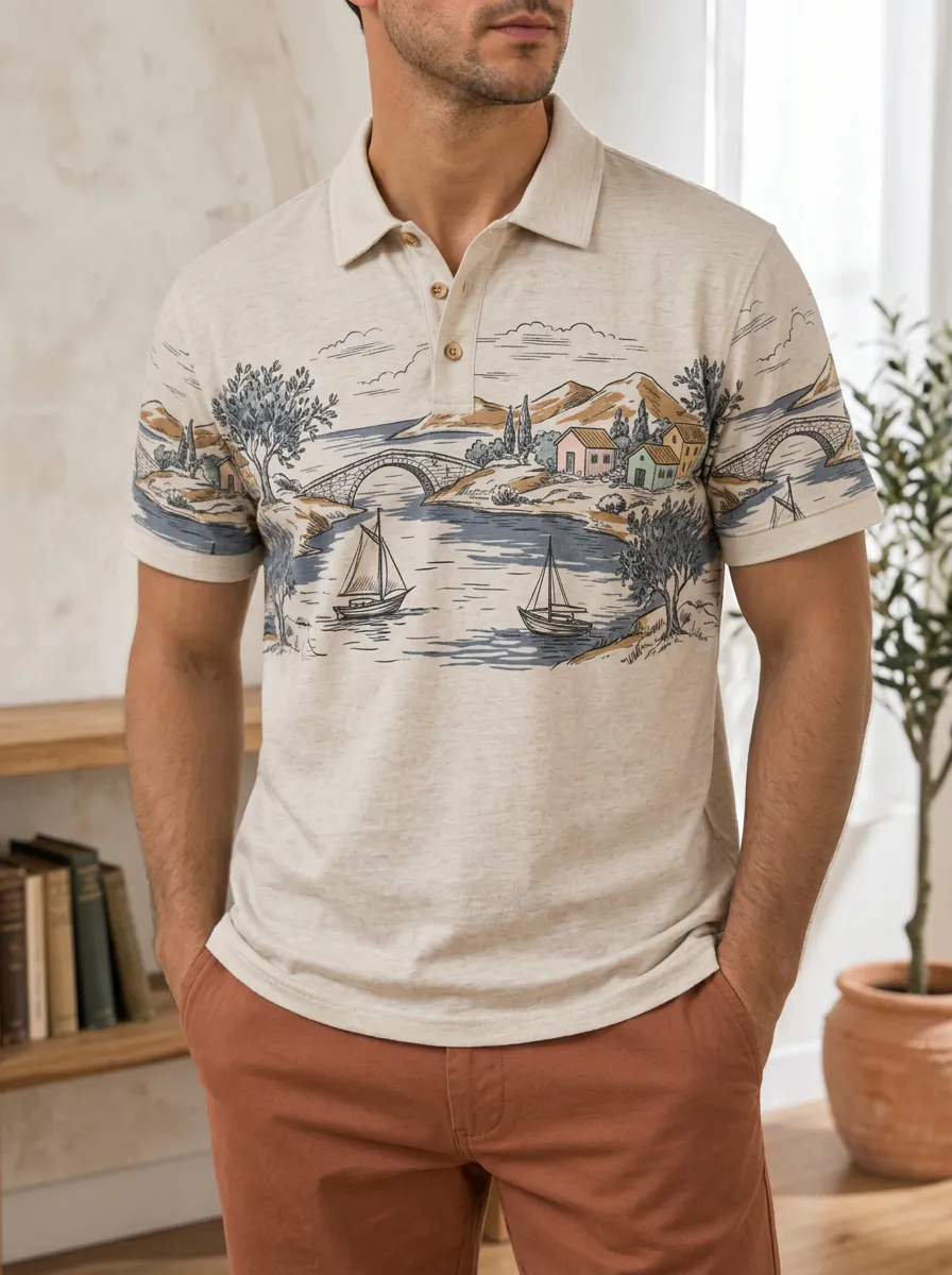 Men's Mediterranean Landscape Sailboat Bridge Printed Polo Shirt