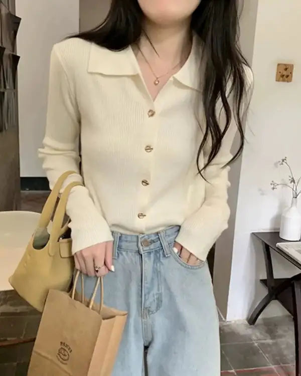 Polyester-Blend Button-Front Polo-Collar Relaxed-Fit Cardigan