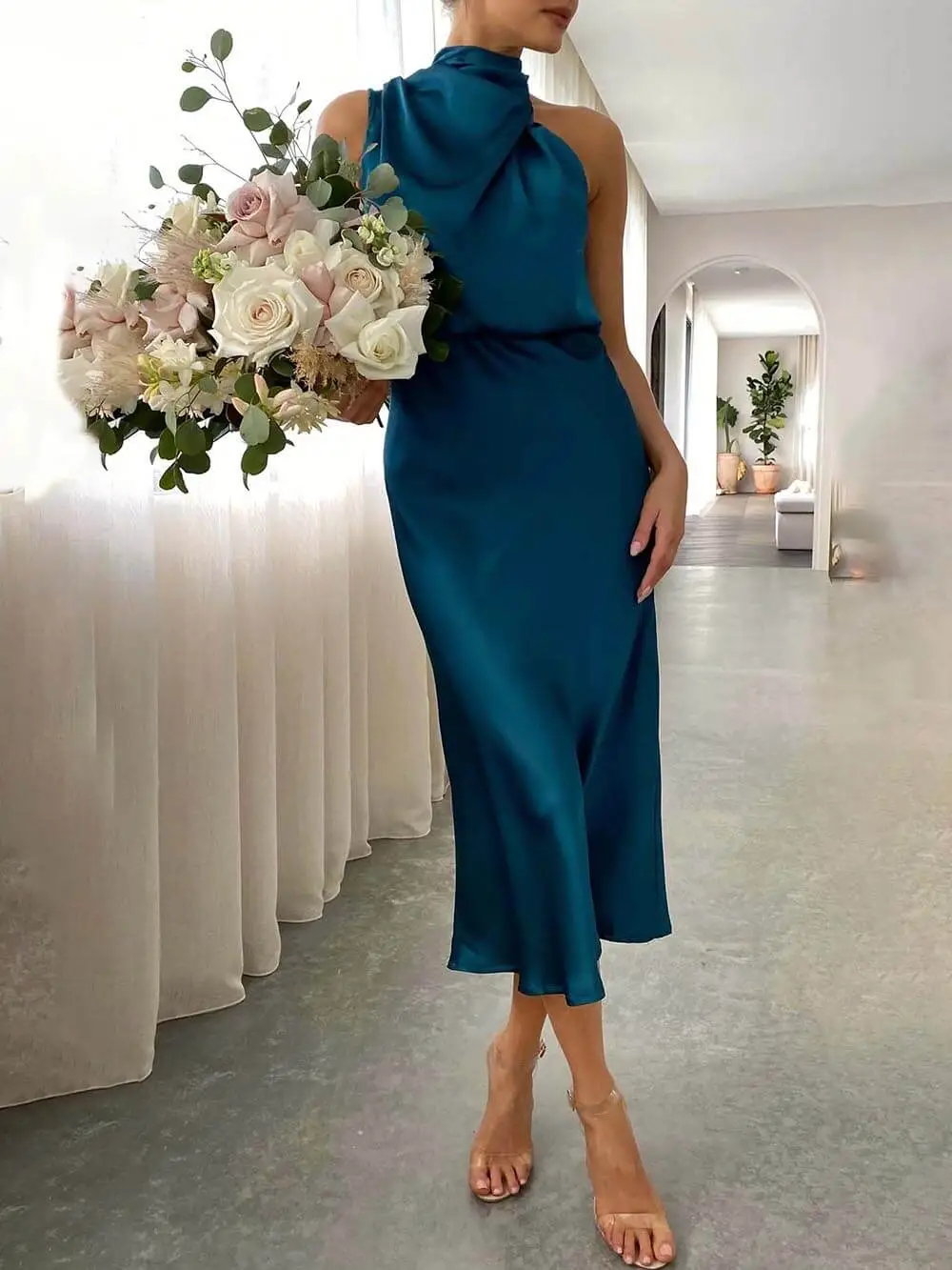 Bridesmaid Sleeveless High Neck Dresses Midi Dress