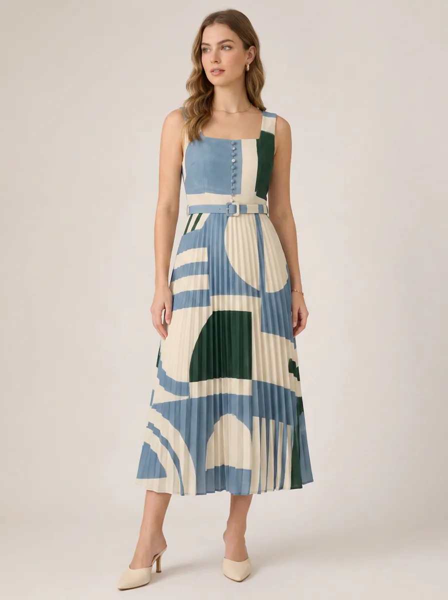 Women's Geometric Abstract Print Pleated Belted Midi Dress