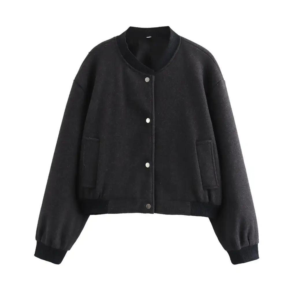 Cropped Velvet Touch Snap Front Ribbed Trim Bomber Jacket