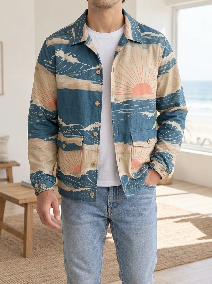 Men's Beach Sunset Ocean Wave Rugged Adventure Jacket