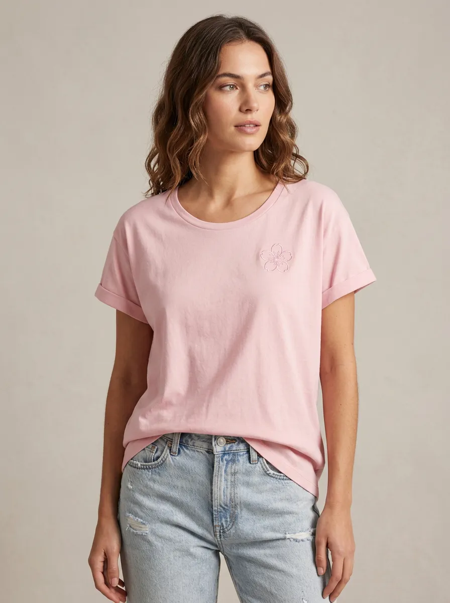 Women's Floral Minimalist Cherry Blossom Embroidered Pink T-shirt