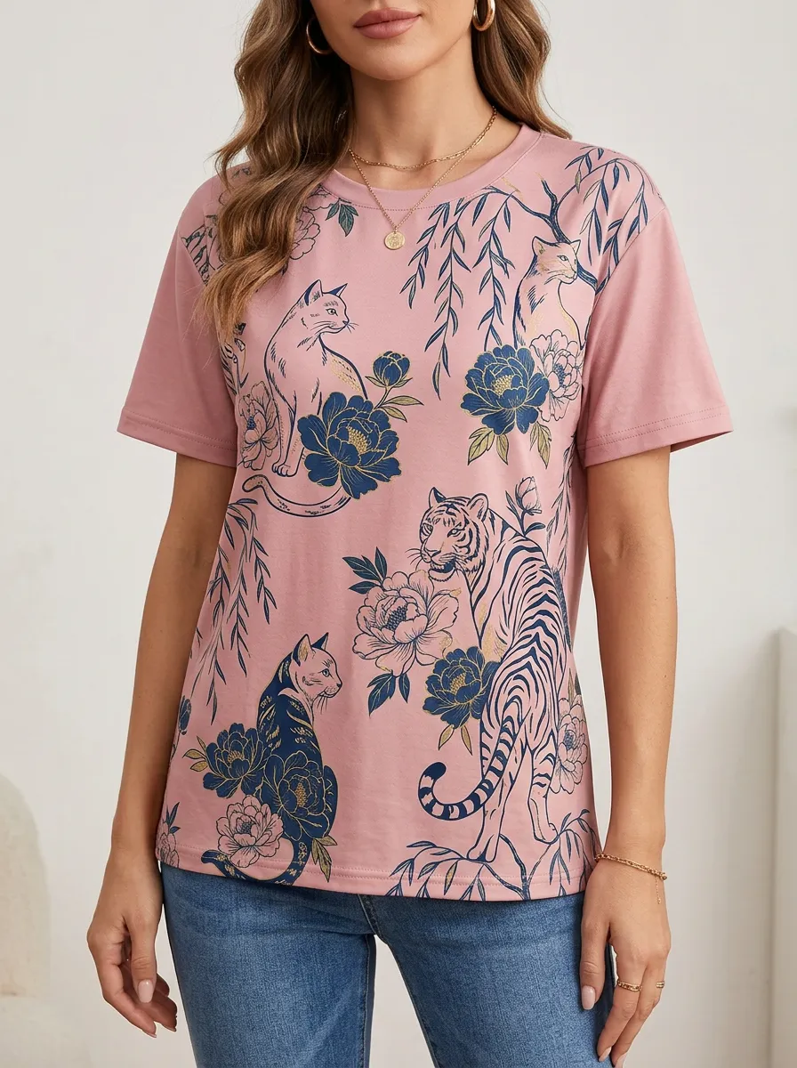 Cat Floral Women's Loose Printed T-Shirt