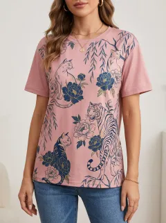 Cat Floral Women's Loose Printed T-Shirt