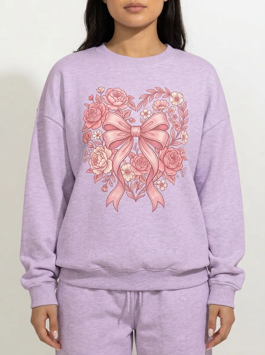 Women's Breast Cancer Awareness Floral Heart Bow Printed Sweatshirt