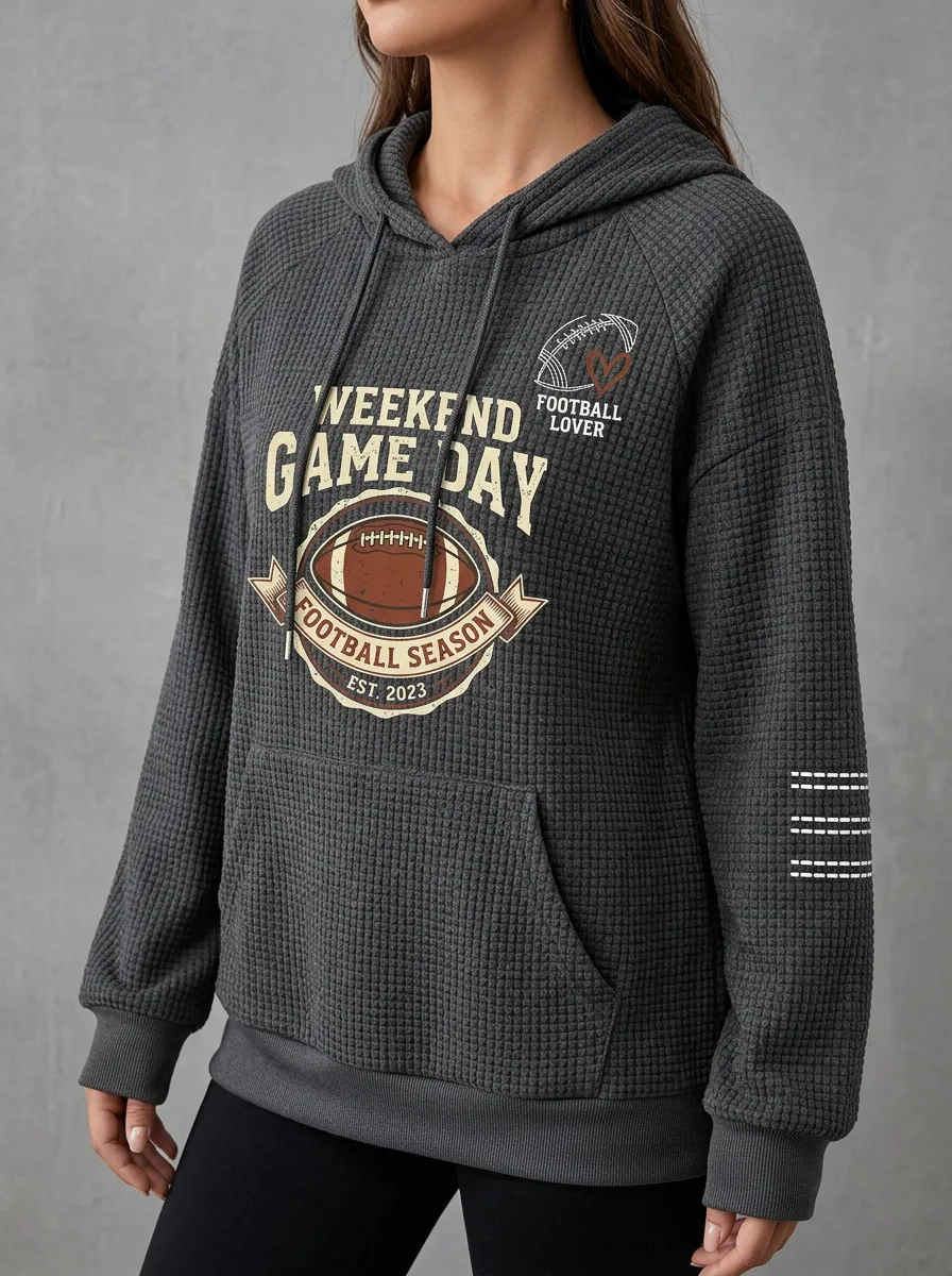 Women's Football Lover Game Day Printed Waffle Hoodie