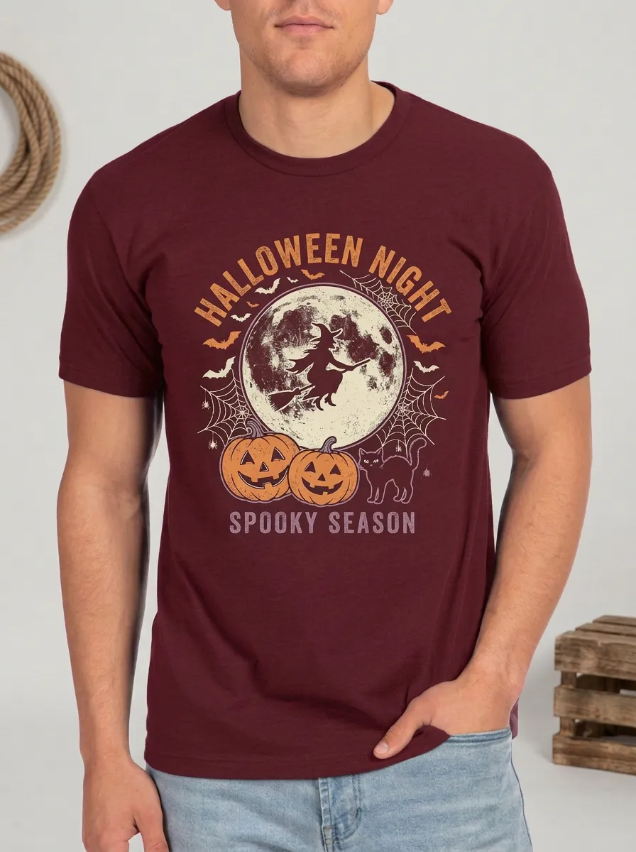 Men's Halloween Night Witch Pumpkin Cat Printed T-shirt