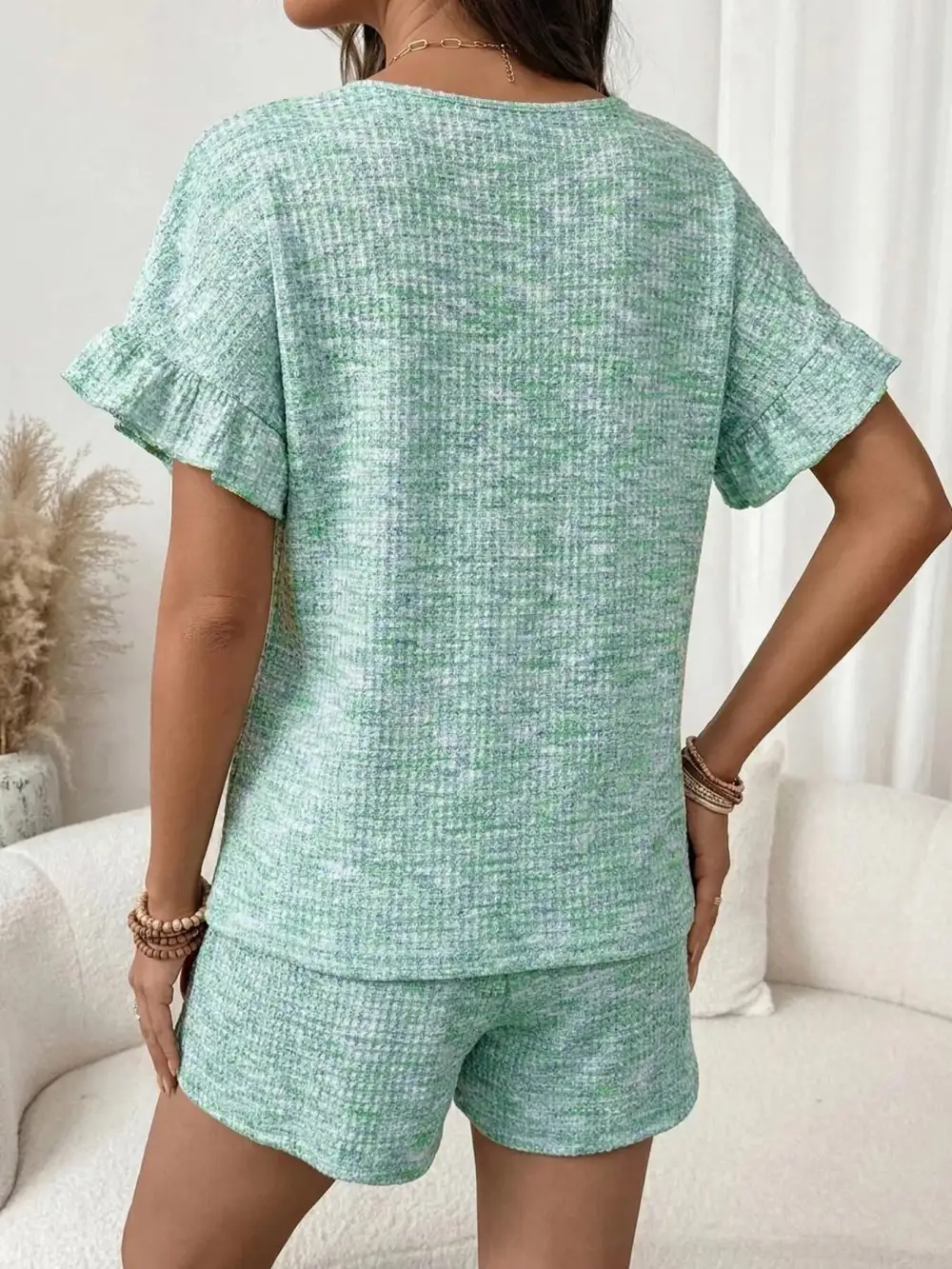 Ruffle Sleeve Textured Top Shorts Set