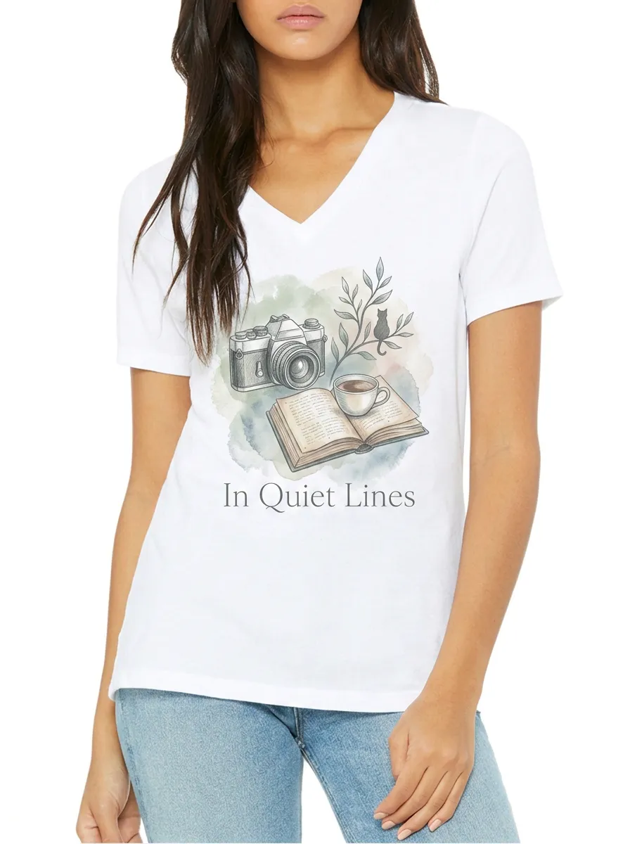 Women's Book Camera Coffee Lover Watercolor Printed V-neck T-shirt