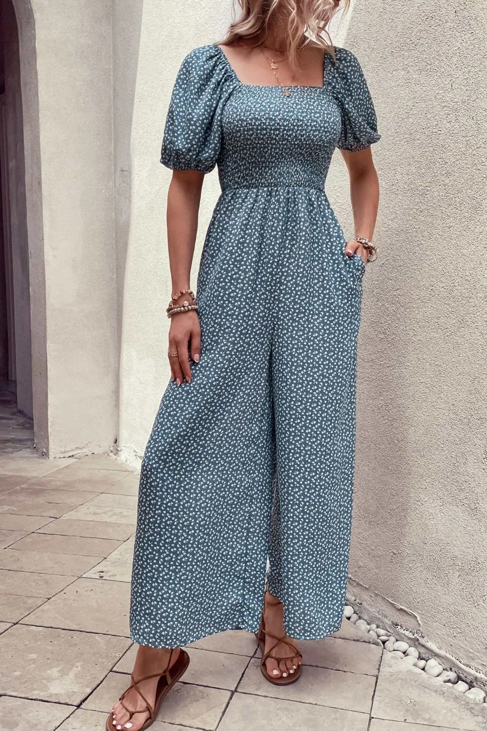 Printed Square Neck Pockets Jumpsuit