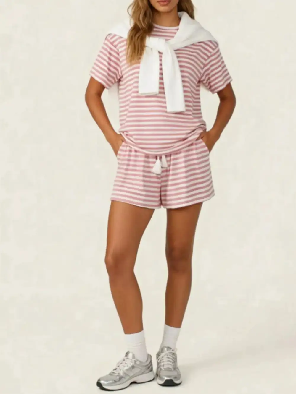 Striped Short Sleeve Tee Drawstring Shorts Set