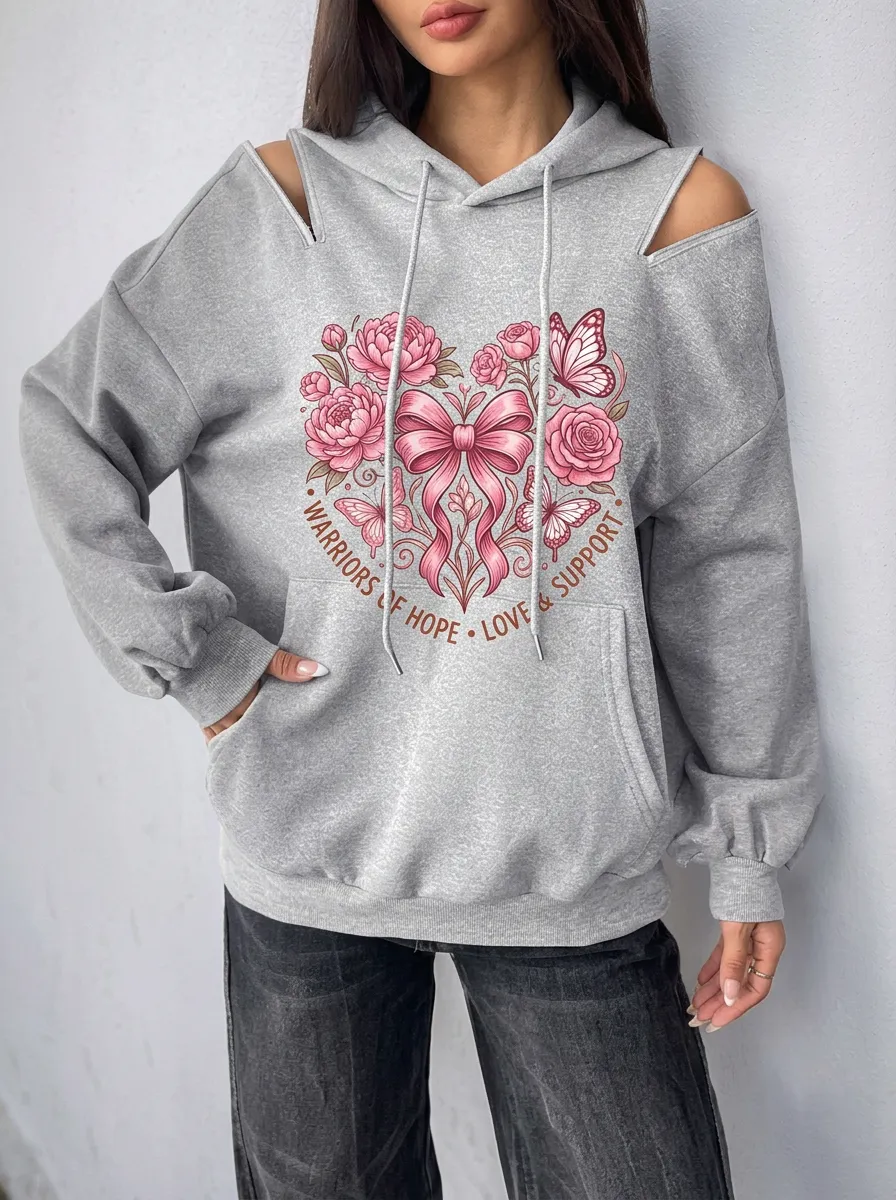 Women's Breast Cancer Awareness Floral Butterfly Bow Printed Cold Shoulder Hoodie