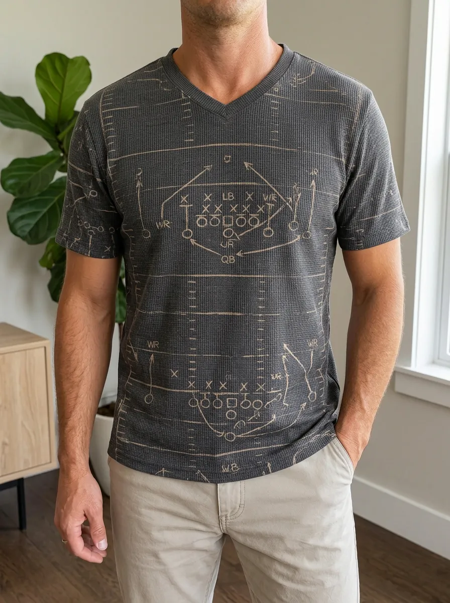 Men's Football Fan American Strategy Printed Waffle V-Neck Top
