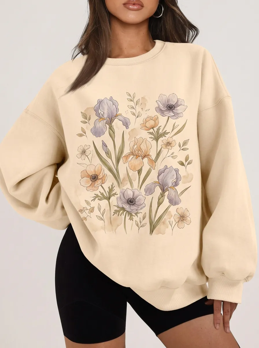 Women's Botanical Garden Floral Watercolor Printed Sweatshirt
