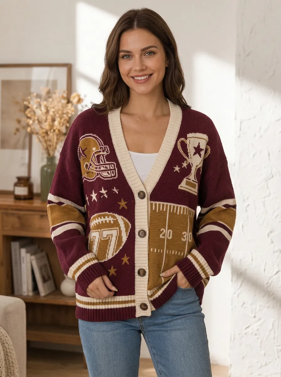 Women's Layered Gridiron Helmet Trophy Ball Knit Cardigan