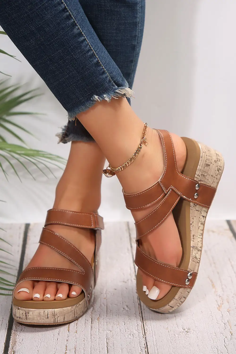 Cutout Hook Loop Wedge Sandals