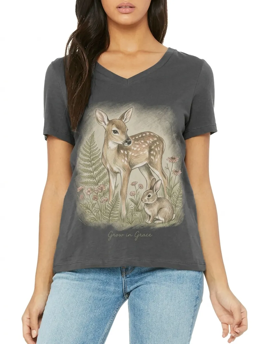 Women's Nature Lover Fawn Rabbit Grow in Grace Printed V-Neck T-Shirt