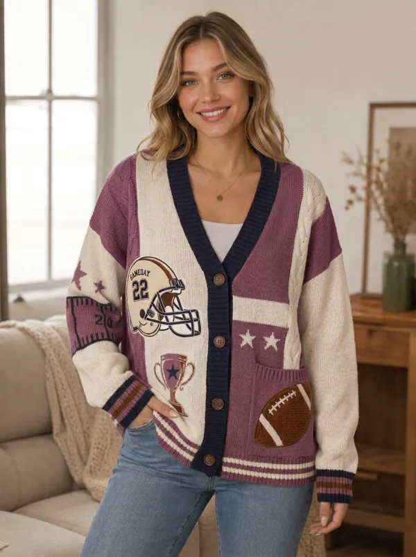 Women's Gridiron Helmet Trophy Patch Knit Cardigan
