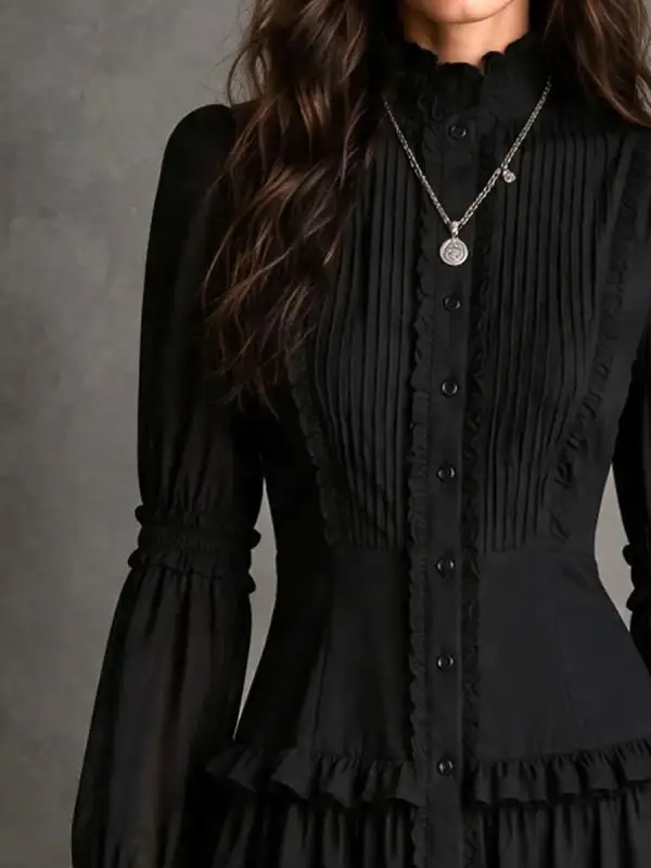Gothic Frill Button Shirt Mini Dress With Flared Cuff