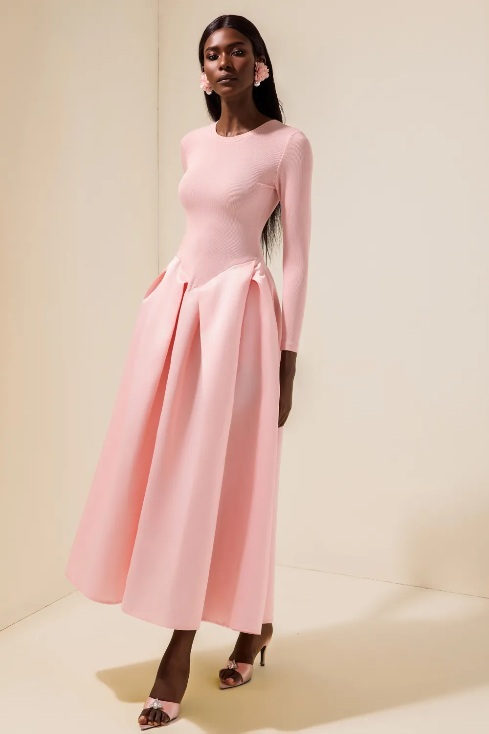 Jersey Splicing Satin Long Sleeve Midi Dress
