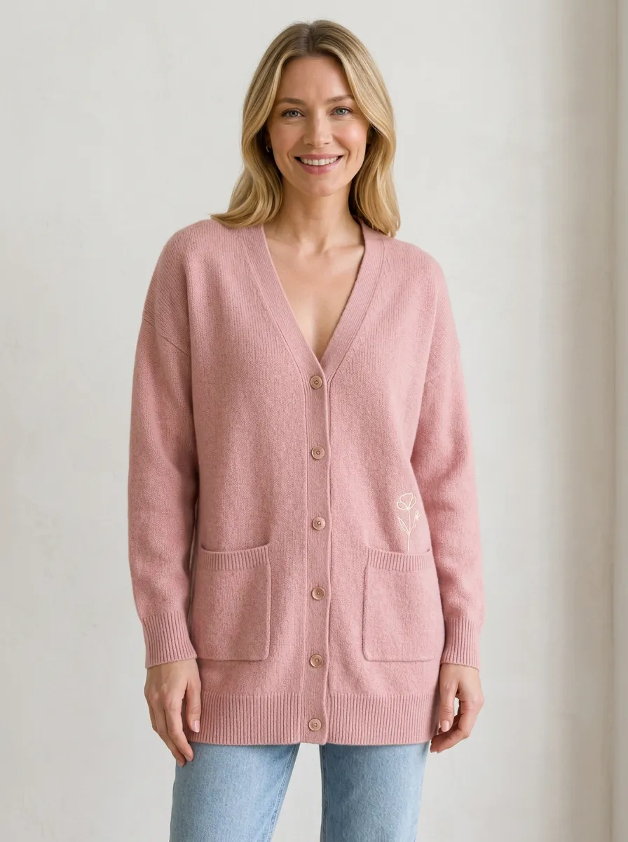 Women's Floral Minimalist Pink Embroidered V-Neck Casual Cardigan