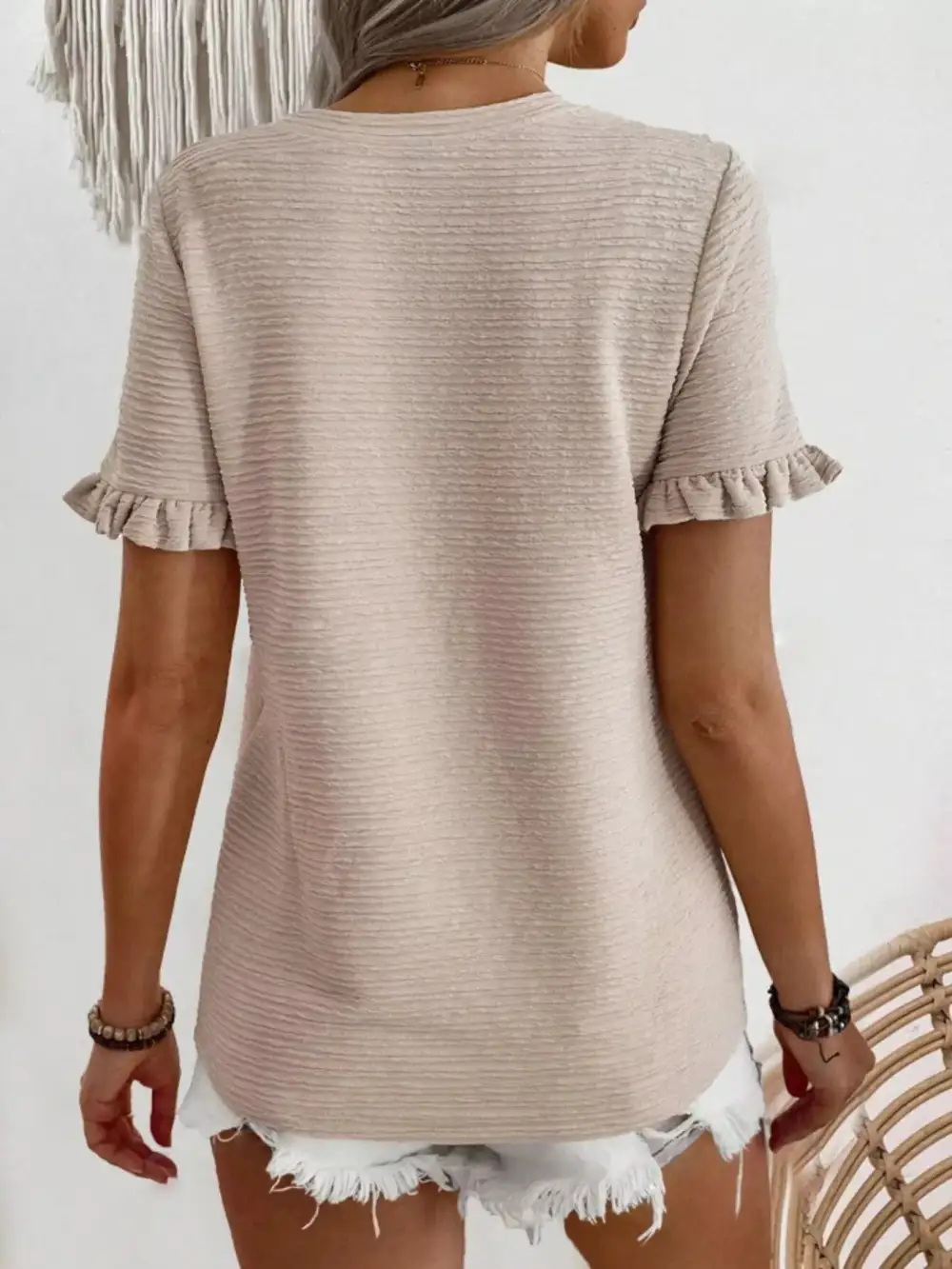 Textured Ruffle Sleeve Round Neck Blouse