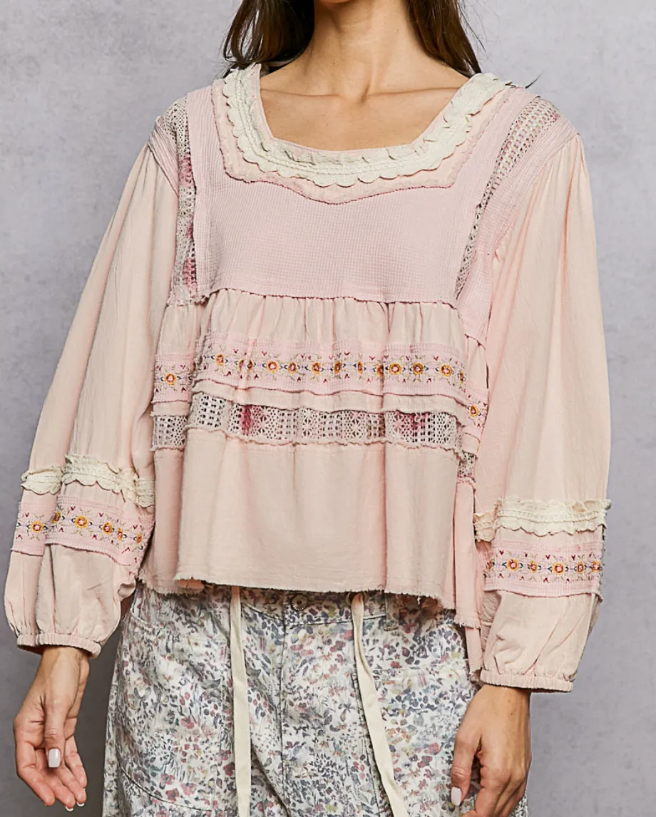 Romantic Lace Trim Tiered Square Neck Blouse