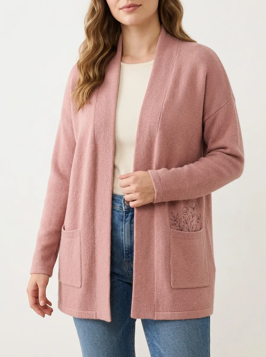 Pink Casual Floral Line Art Print Cardigan