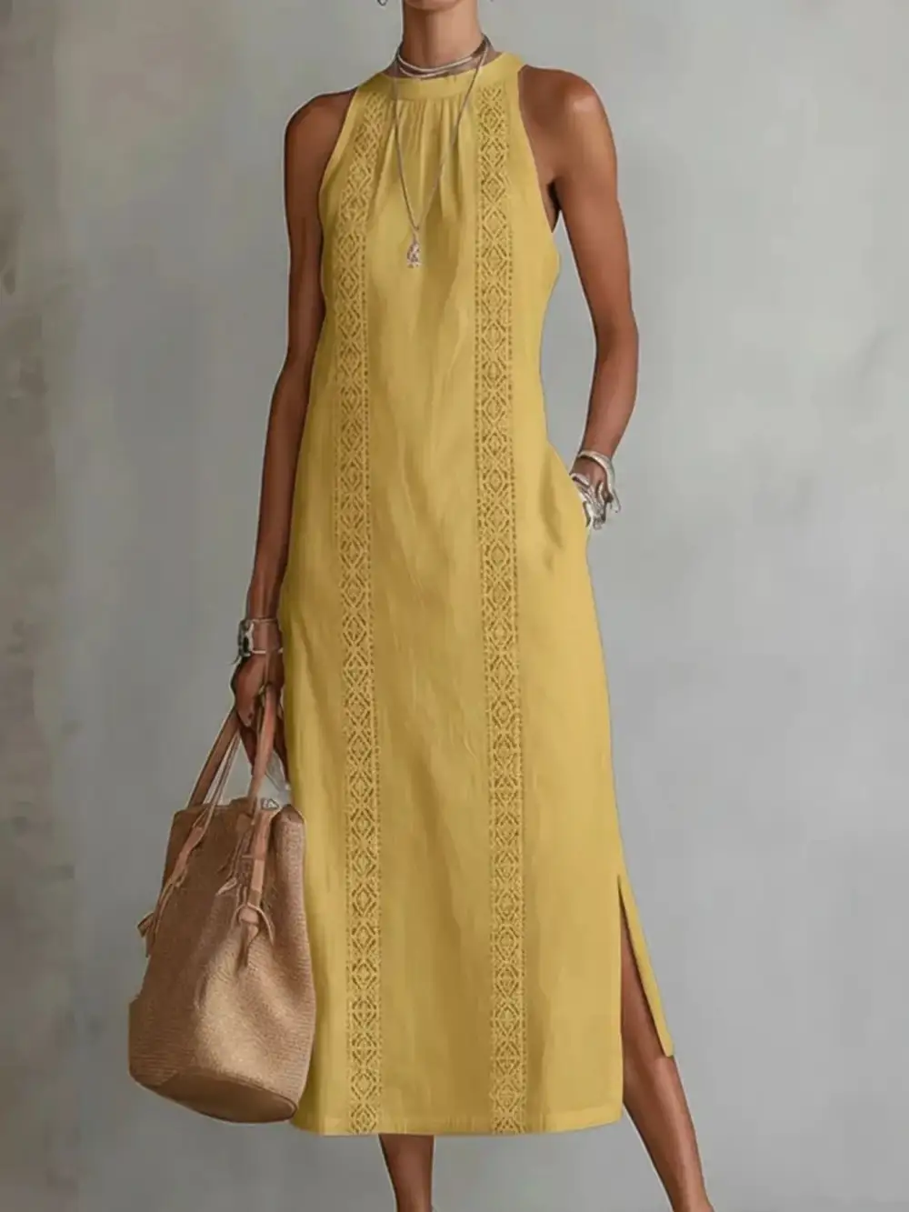 Sleeveless Lace Trim Midi Dress