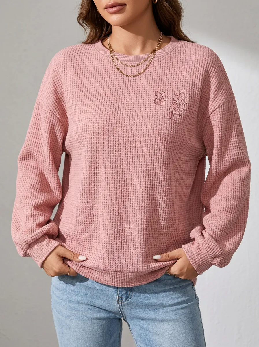 Women's Pink Aesthetic Butterfly Leaf Embroidered Waffle Knit Top