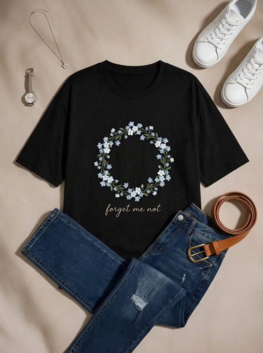 Women's Floral Lover Forget Me Not Wreath Printed T-shirt