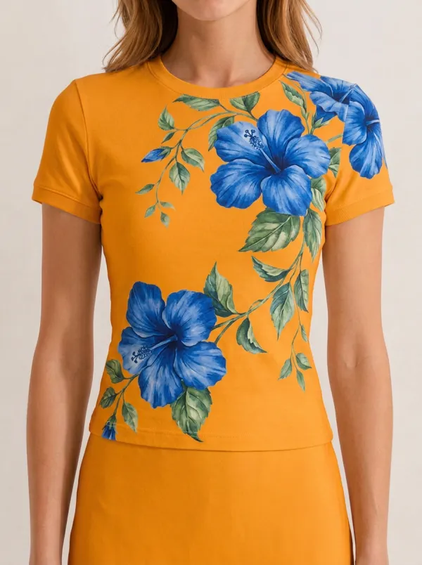 Women's Tropical Floral Blue Hibiscus Printed T-shirt