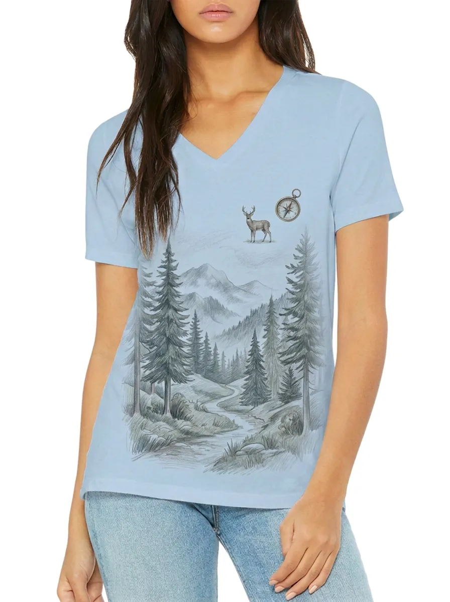 Women's Nature Hiking Lover Deer Compass Mountain Printed V-neck T-shirt
