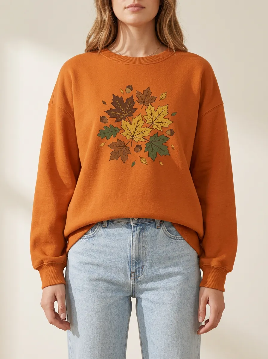 Layered Maple-Leaf Printed Acorn Graphic Sweatshirt