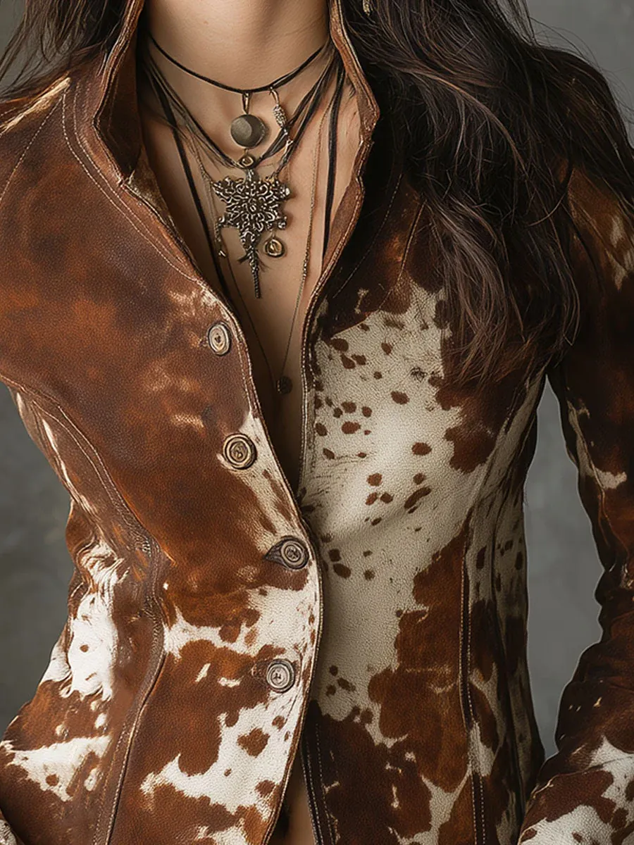 Cow-Print Slim-Fit Vintage Jacket