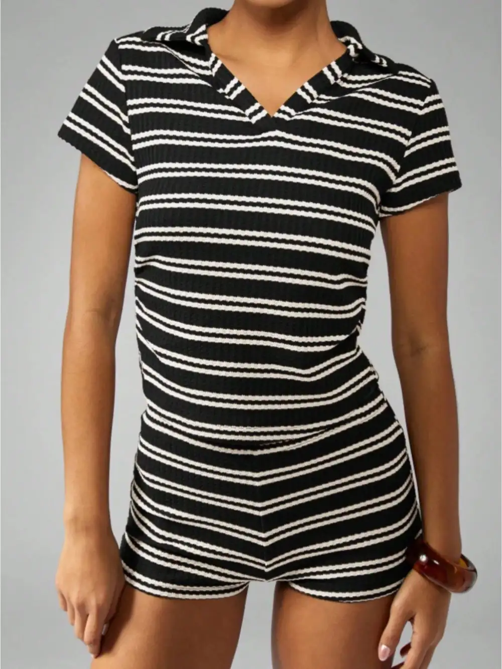 Striped Knit Short Sleeve Top Shorts Set