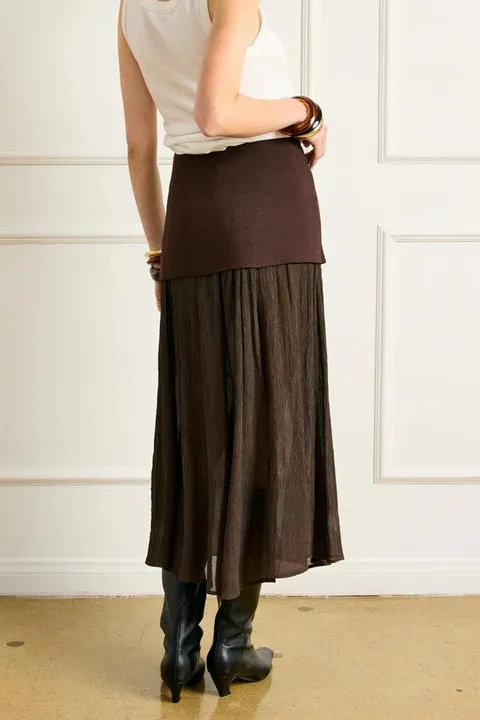 Women's Brown Two-Tier Mixed Media Midi Skirt