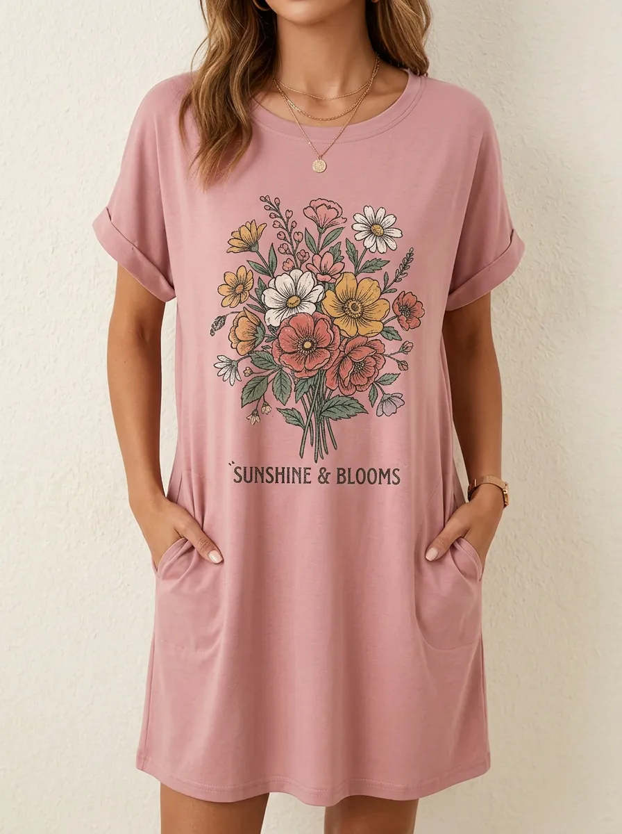 Sunshine And Blooms Floral Bouquet T-Shirt Dress