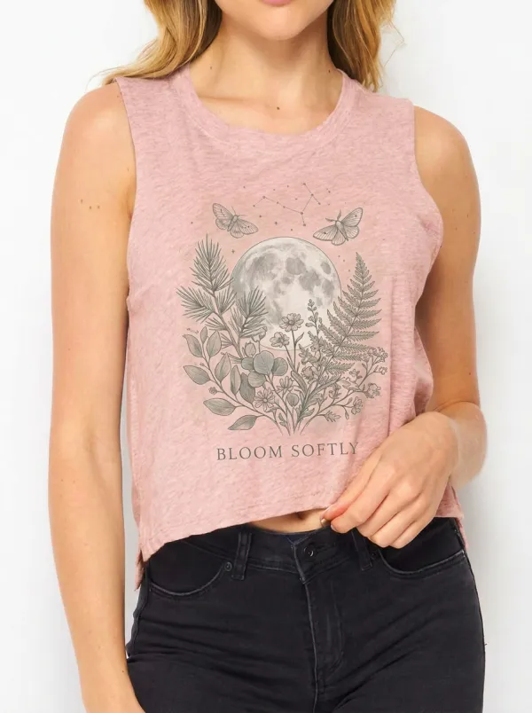 Women's Celestial Botanical Moon Moth Printed Crop Tank Top