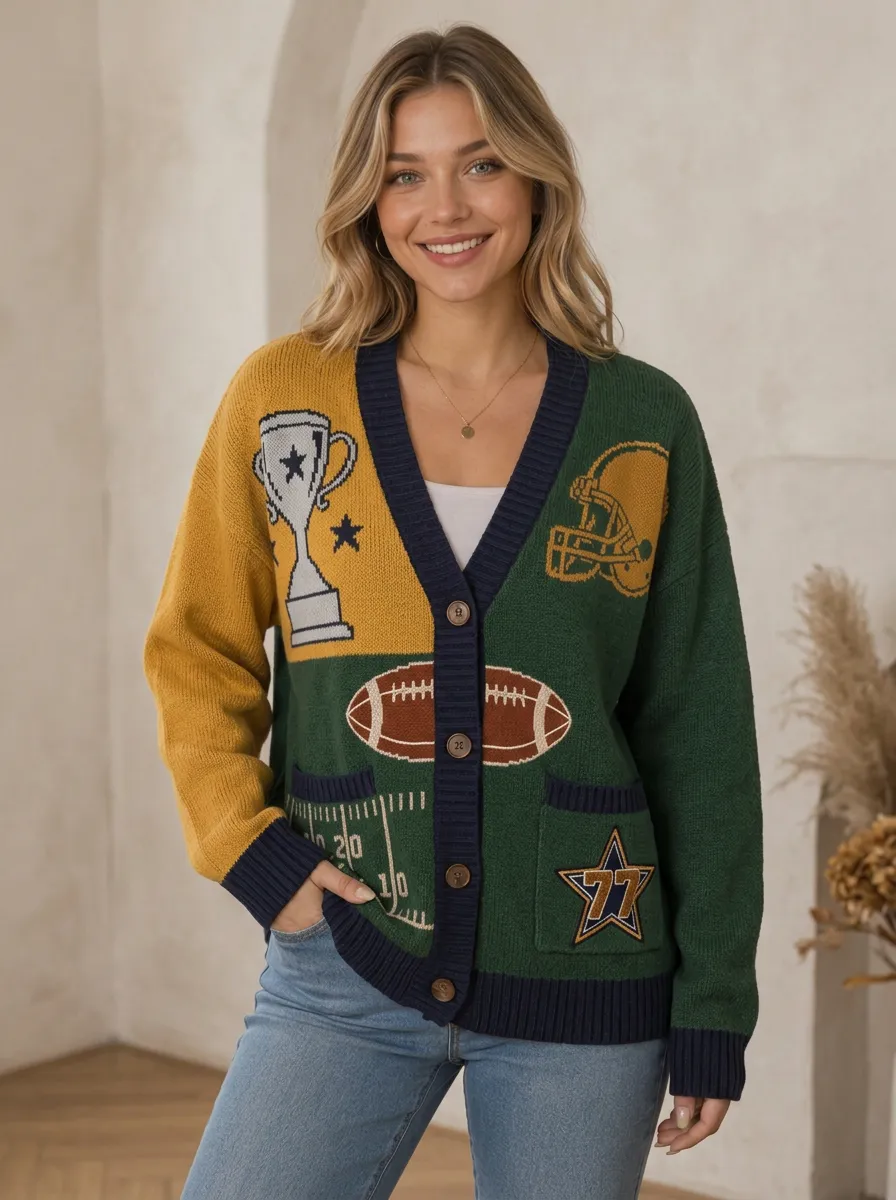 Women's Casual Gridiron Helmet Trophy Ball Knit Cardigan