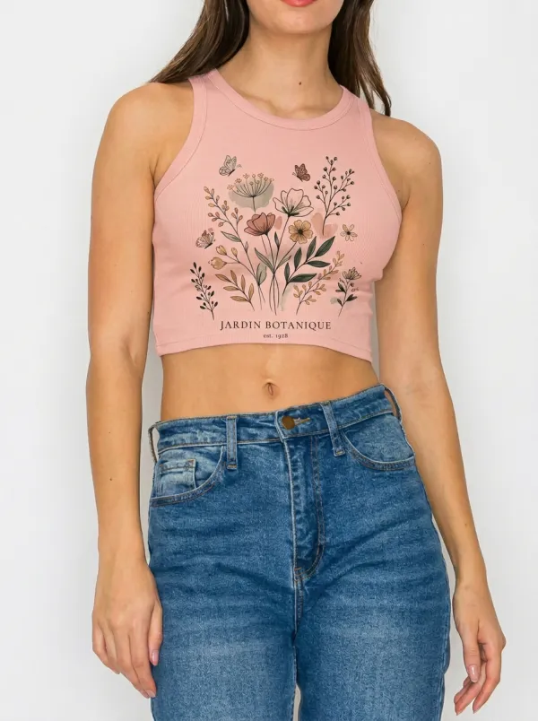 Women's Botanical Garden Butterfly Floral Printed Crop Tank Top